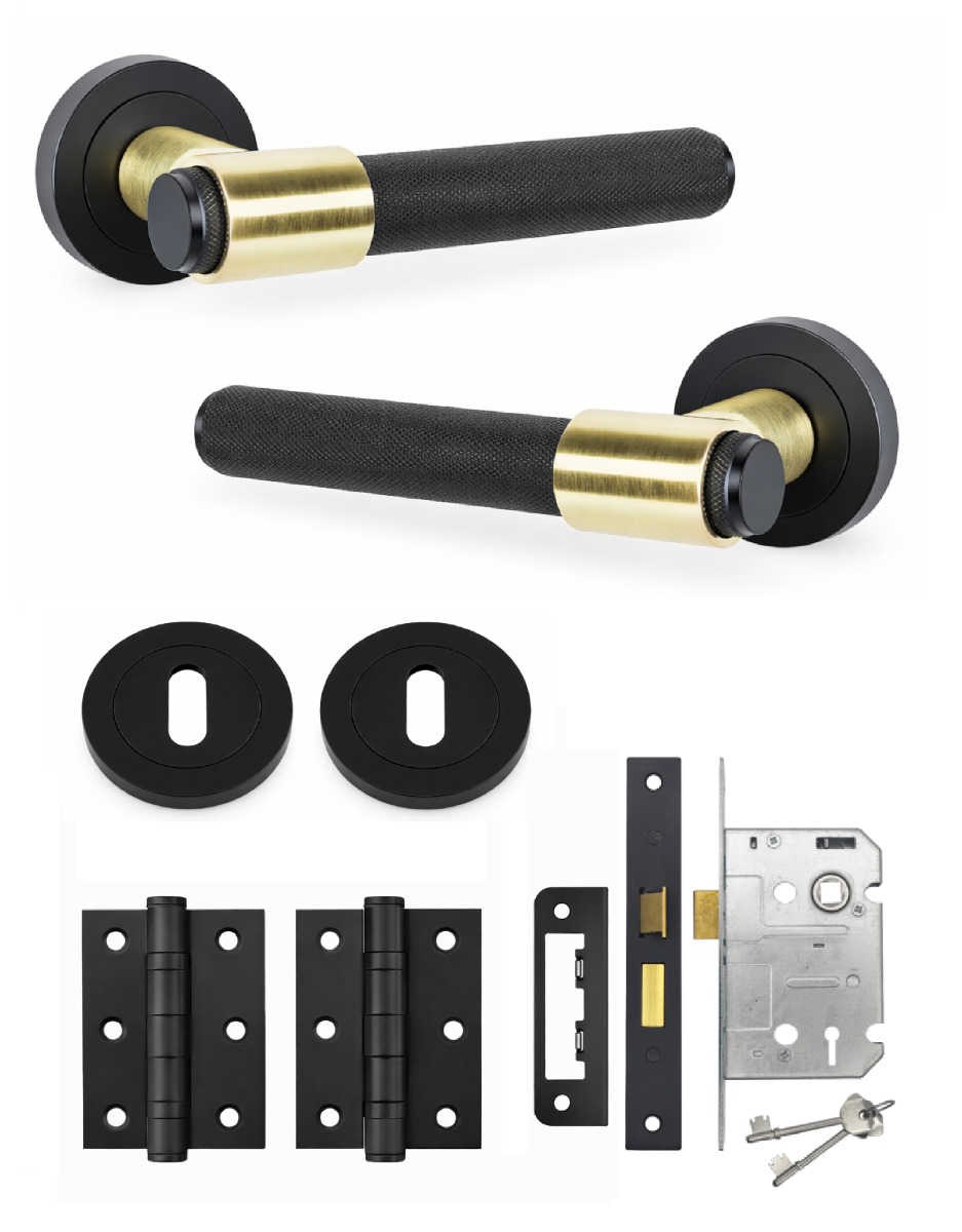 IRONZONE Flare Knurled Door Handle on Rose - Lock Pack - Black/Satin Brass