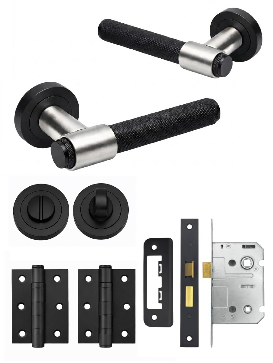 IRONZONE Flare Knurled Door Handle on Rose - Bathroom Pack - Matt Black/Satin Nickel