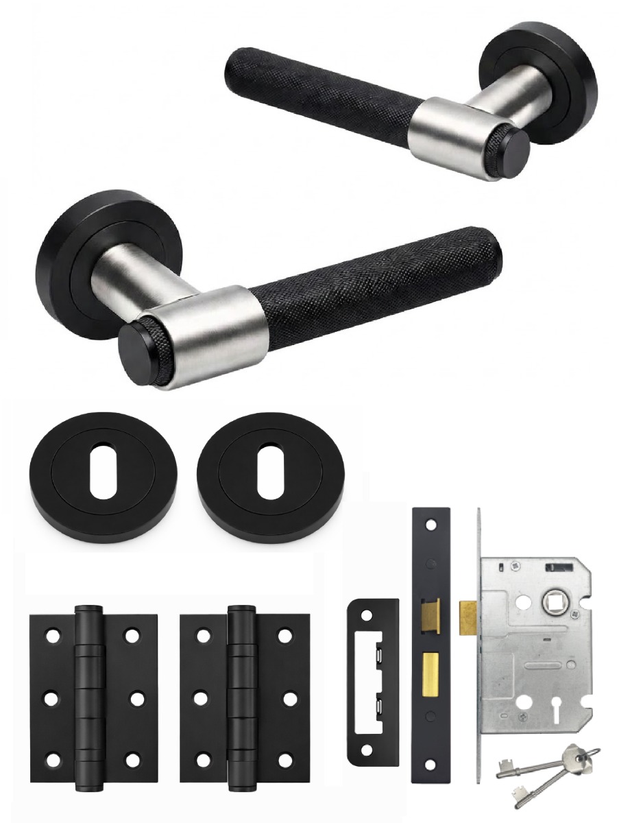 IRONZONE Flare Knurled Door Handle on Rose - Lock Pack - Matt Black/Satin Nickel