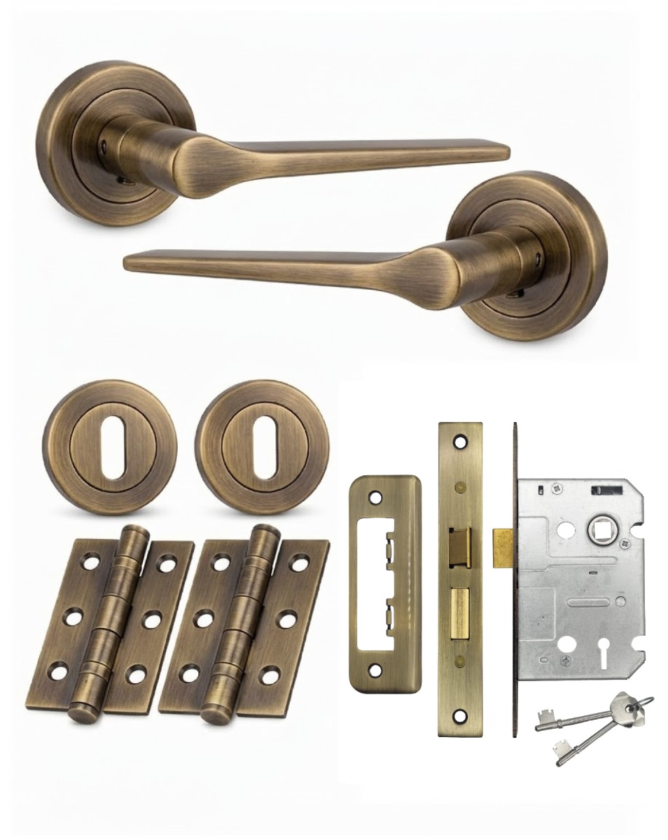 IRONZONE Vortex Door Handle on Rose - Lock Pack - Antique Brass