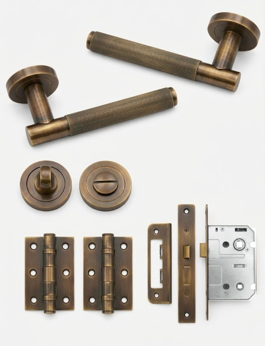 IRONZONE Velo Linear Door Handle on Rose - Bathroom Pack - Antique Brass