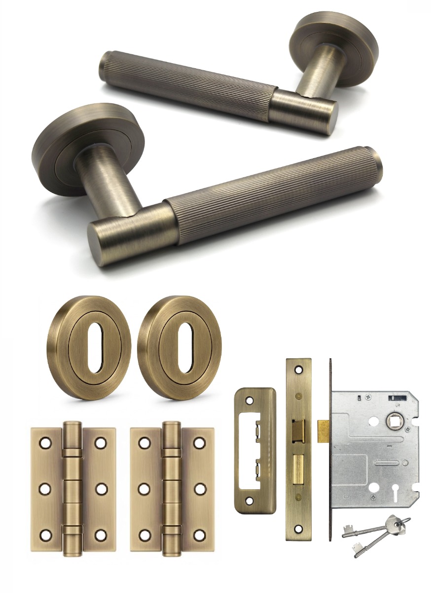 IRONZONE Velo Linear Door Handle on Rose - Lock Pack - Antique Brass
