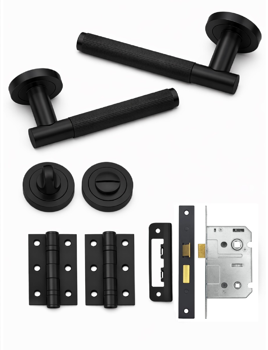 IRONZONE Velo Linear Door Handle on Rose - Bathroom Pack - Matt Black