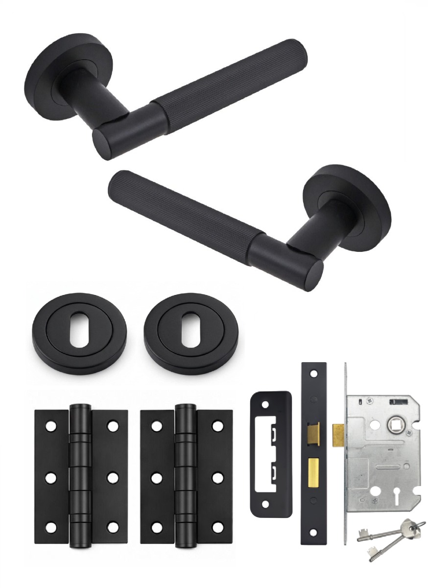 IRONZONE Velo Linear Door Handle on Rose - Lock Pack - Matt Black