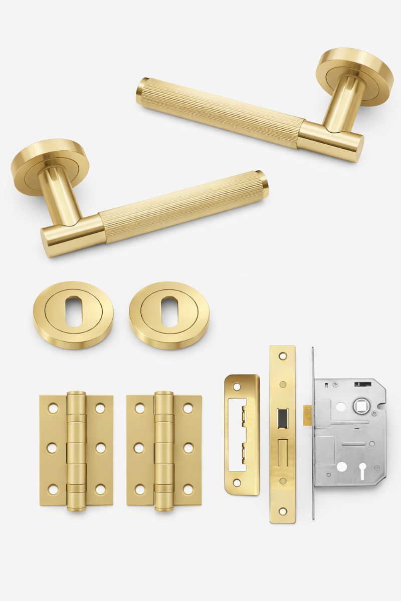 IRONZONE Velo Linear Door Handle on Rose - Lock Pack - Satin Brass