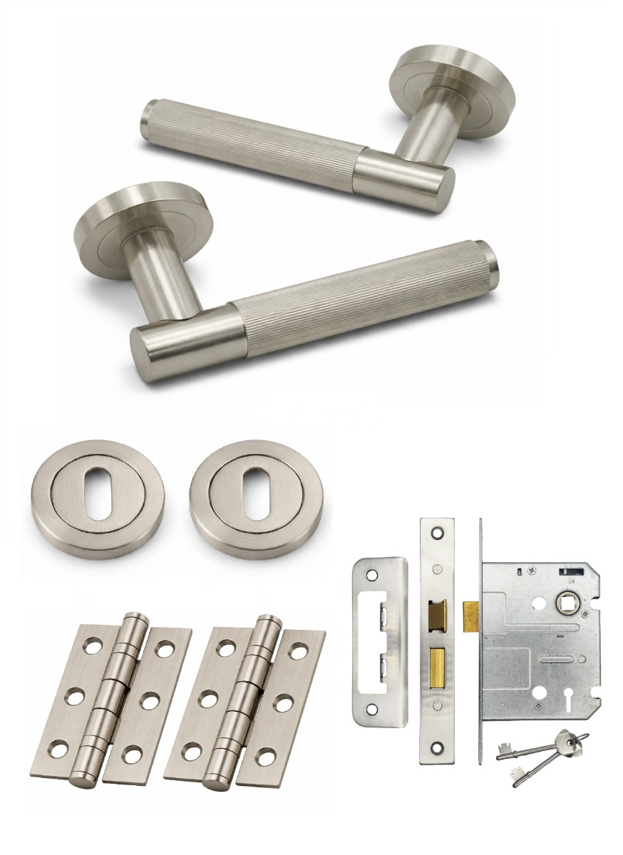 IRONZONE Velo Linear Door Handle on Rose - Lock Pack - Satin Nickel