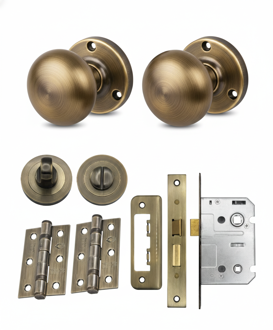 IRONZONE Mortice Sprung Mushroom Door Knobs 58mm Bathroom Door Pack Set - Antique Brass