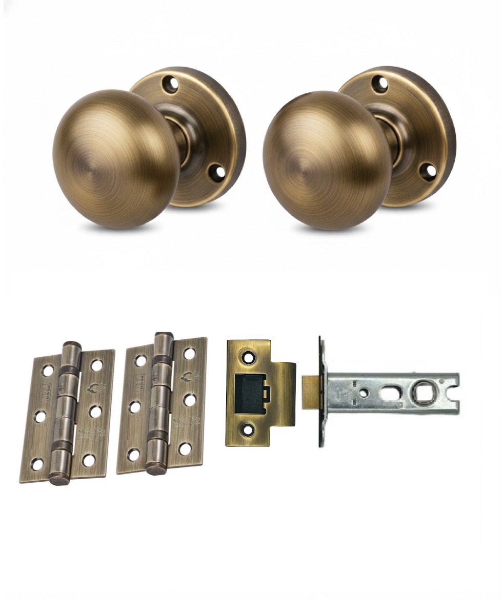 IRONZONE Mortice Sprung Mushroom Door Knobs 58mm Latch Door Pack Set - Antique Brass