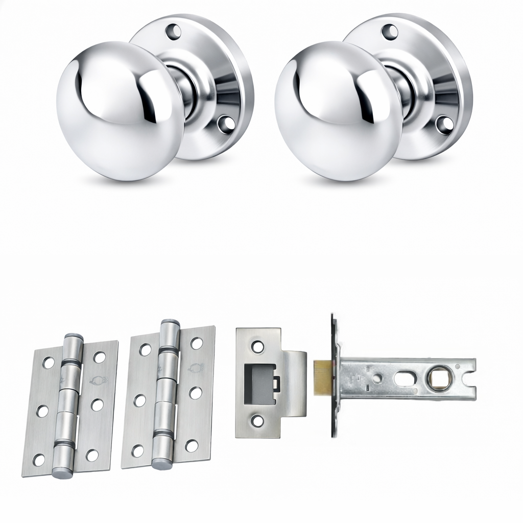 IRONZONE Mortice Sprung Mushroom Door Knobs 58mm Latch Pack Set - Polished Chrome