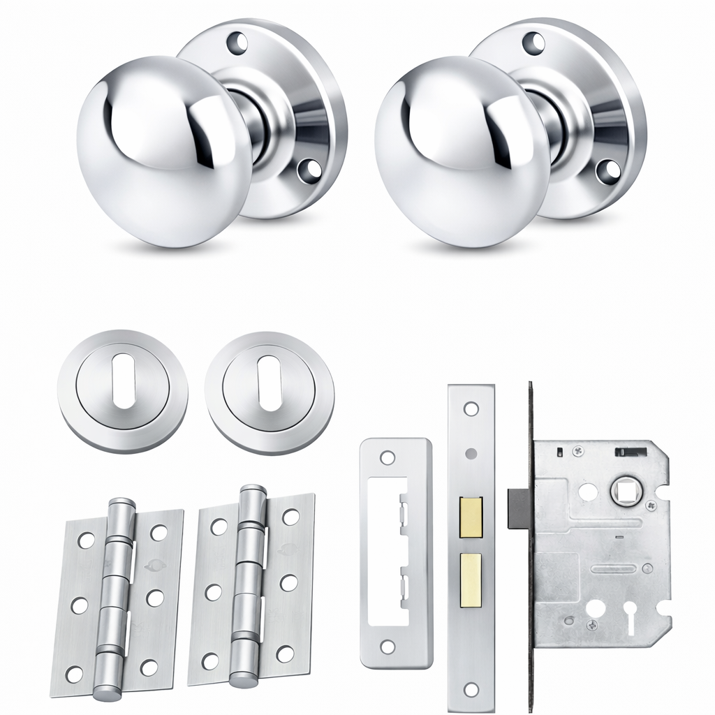 IRONZONE Mortice Sprung Mushroom Door Knobs 58mm Lock Door Pack Set - Polished Chrome