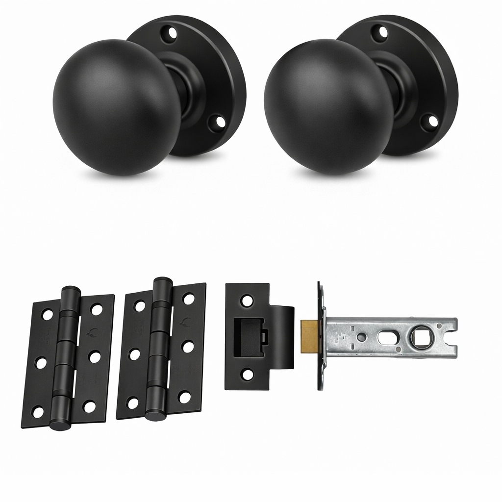 IRONZONE Mortice Sprung Mushroom Door Knobs 58mm Latch Door Pack Set - Matt Black
