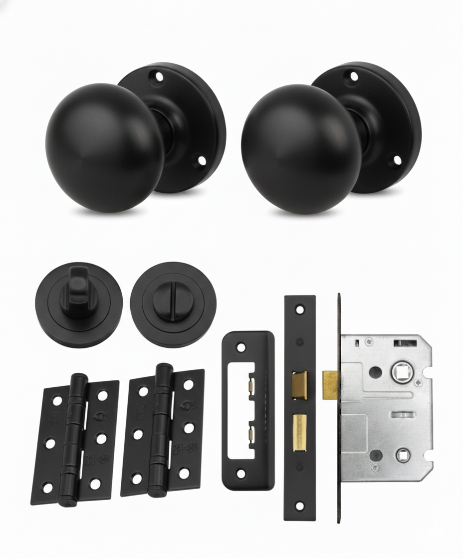 IRONZONE Mortice Sprung Mushroom Door Knobs 58mm Bathroom Door Pack Set - Matt Black