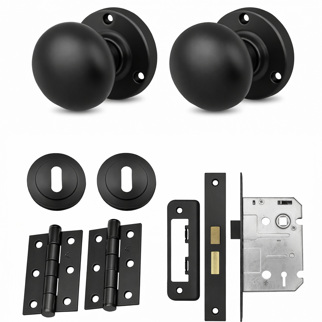 IRONZONE Mortice Sprung Mushroom Door Knobs 58mm Lock Door Pack Set - Matt Black