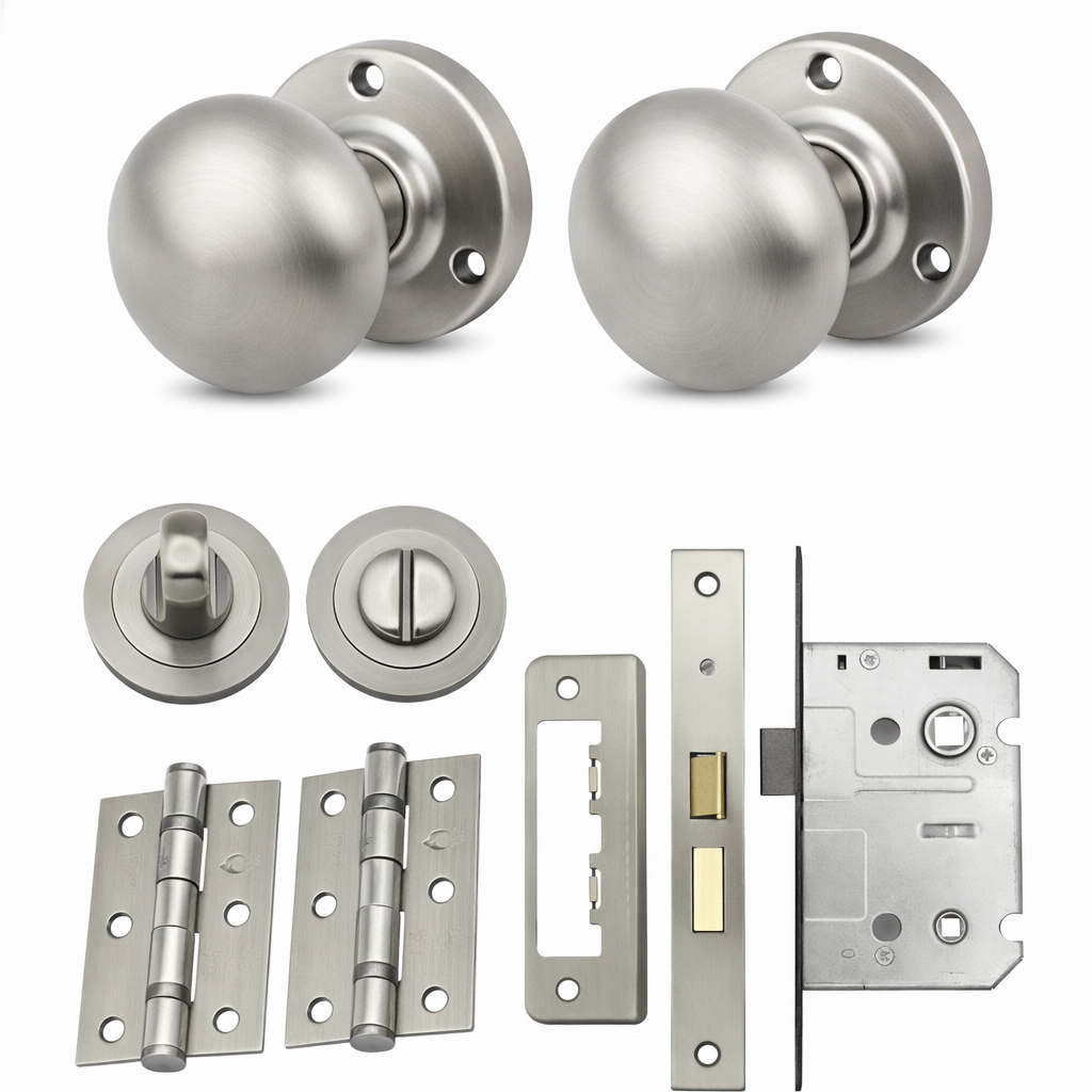 IRONZONE Mortice Sprung Mushroom Door Knobs 58mm Bathroom Door Pack Set - Satin Nickel