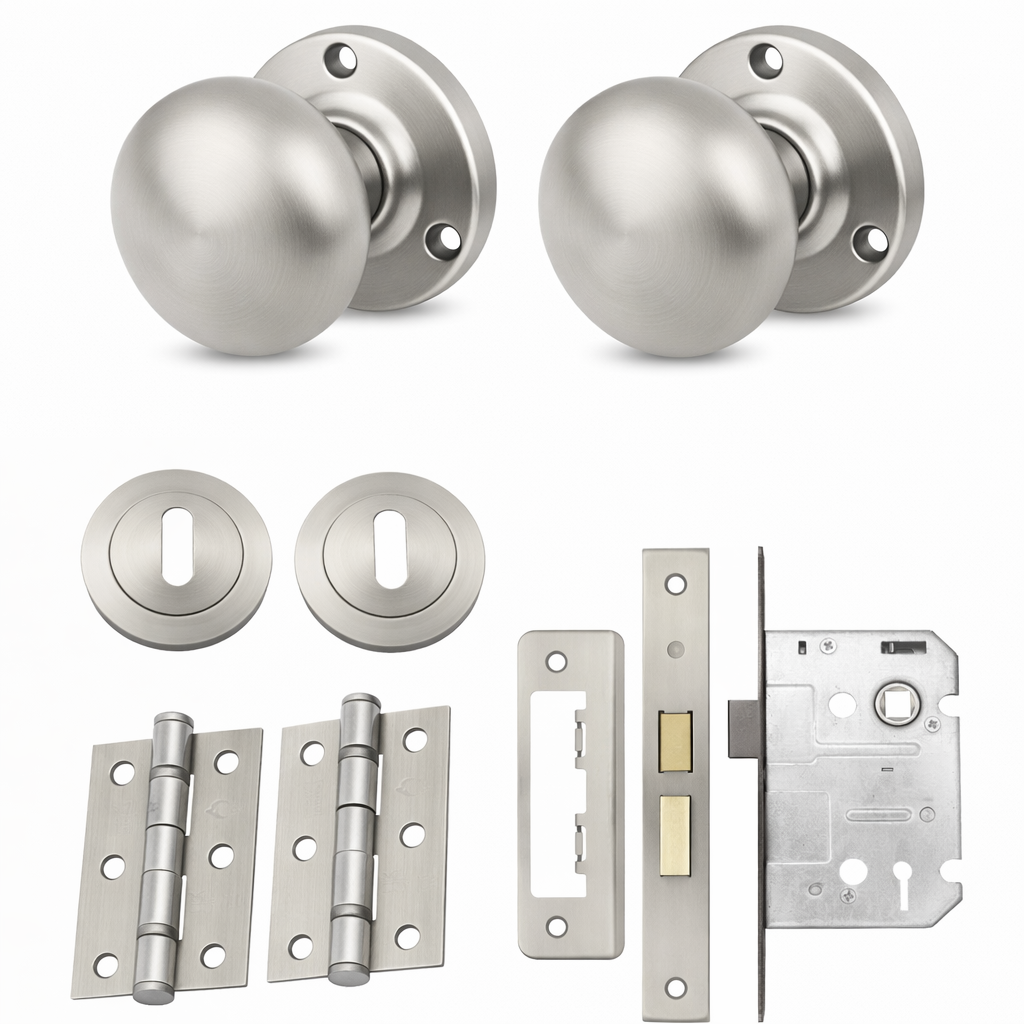 IRONZONE Mortice Sprung Mushroom Door Knobs 58mm Lock Door Pack Set - Satin Nickel