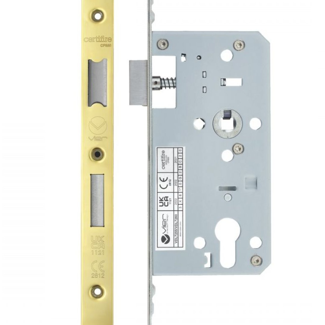 Vier VDL7255-PVDG Din Euro Sashlock- Backset 55mm - 2 Pc Forend - Square - PVDG- Polished Brass Effect