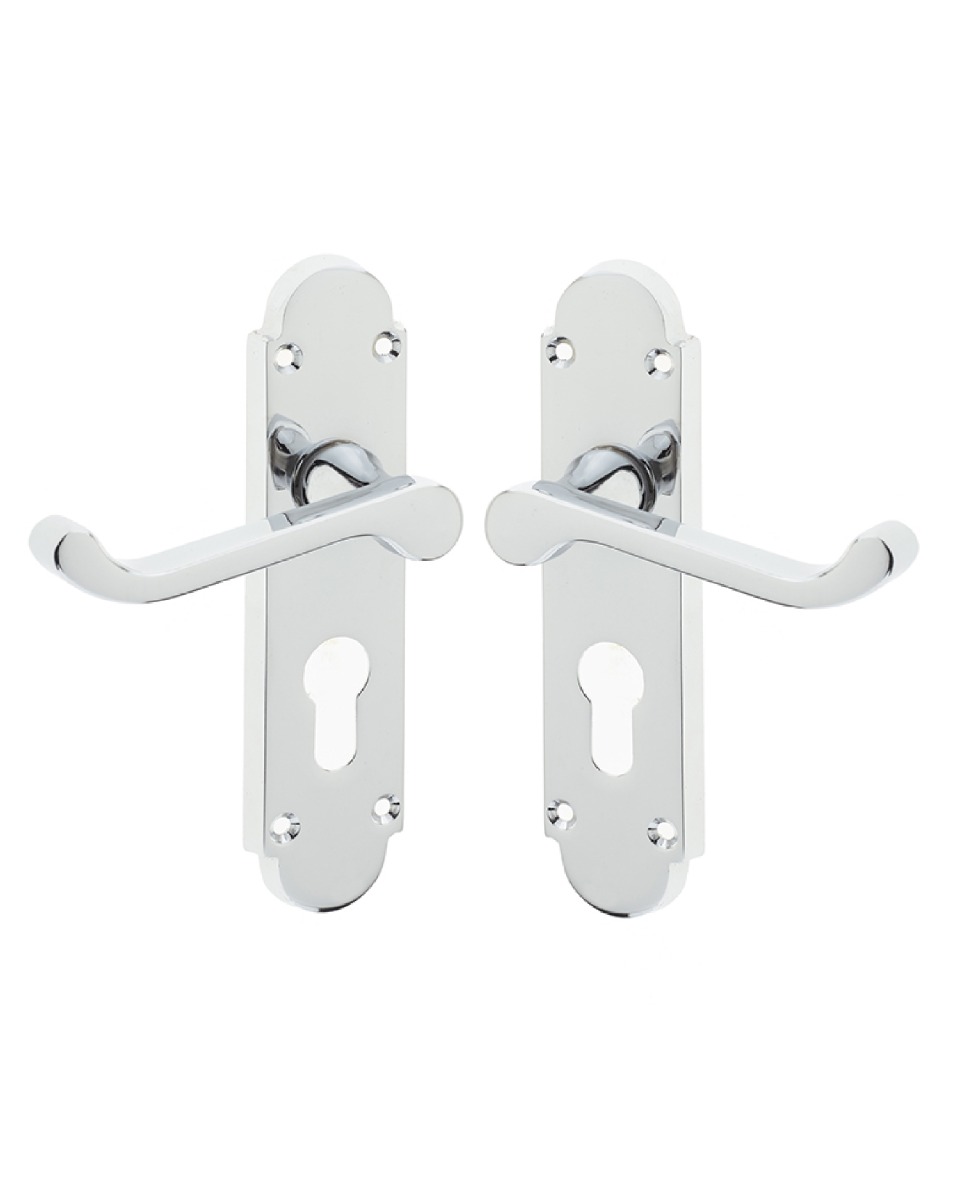 IRONZONE Victorian Shaped Scroll Lever on Euro Profile Backplate - Polished Chrome
