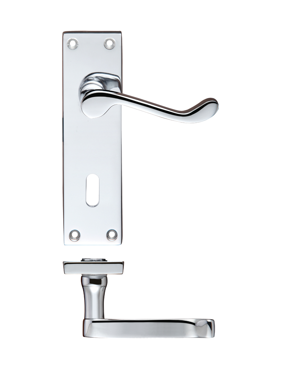 Zoo Hardware PR021CP Project Victorian Scroll Lever on Lock Backplate - 150mm x 40mm Polished Chrome