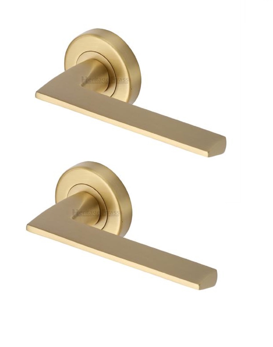 Heritage Brass PYD3535-SB Door Handle Lever Door Handle Latch on Round Rose Pyramid Design Satin Brass finish