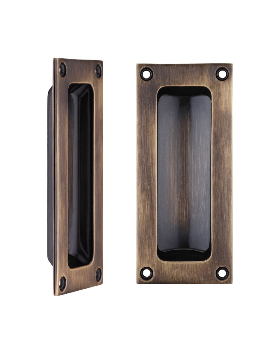 IRONZONE Rectangular Flush Pull Handle Face Fix 102 x 45 x 13mm Antique Brass
