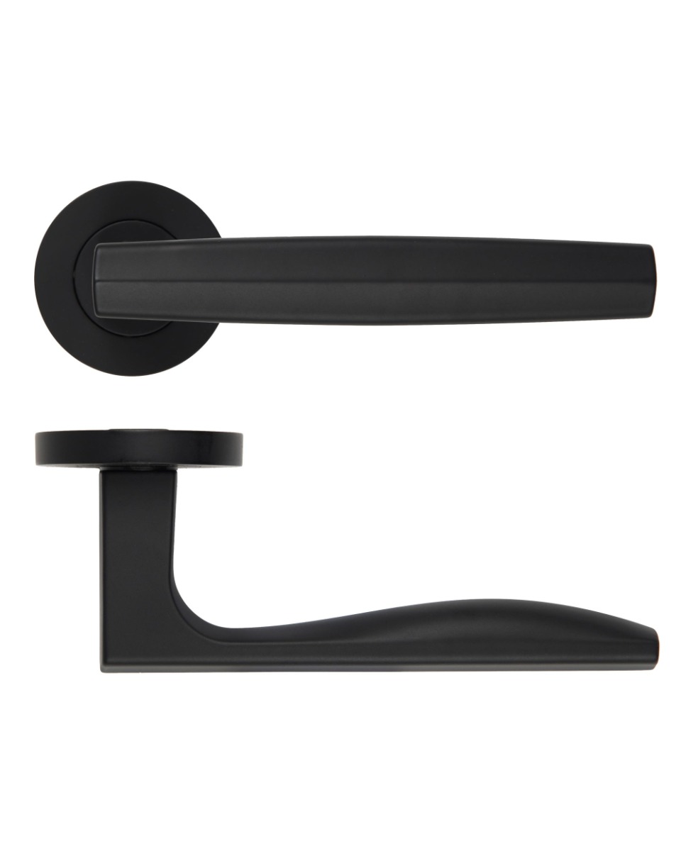 Apennine Lever Door Handle On Round Rose Oscuro Matt Black Finish Rosso Maniglie-RM140OMB
