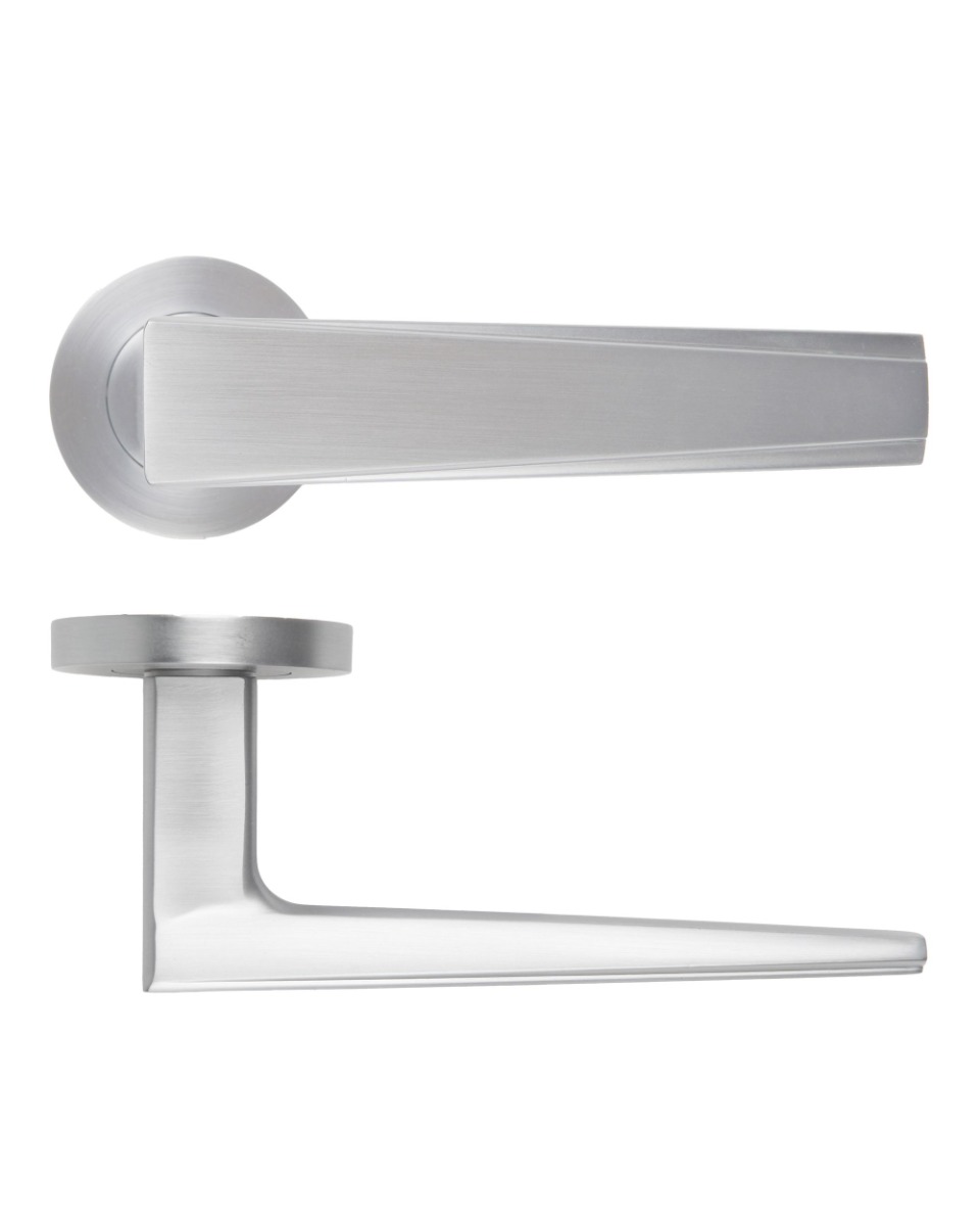 Veloce Lever Door Handle On Round Rose Satin Chrome Finish Rosso Maniglie-RM150SC