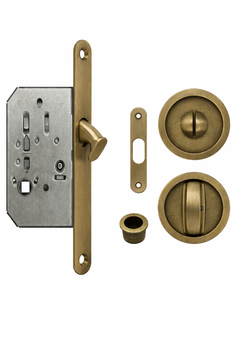 Acre & Clutton Sliding & Pocket Door Flush Pull Handle Lock Set w/WC Turn 57mm Antique Brass
