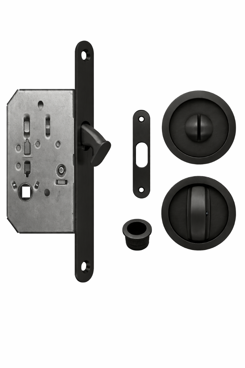 Acre & Clutton Sliding & Pocket Door Flush Pull Handle Lock Set w/WC Turn 57mm - Matt Black