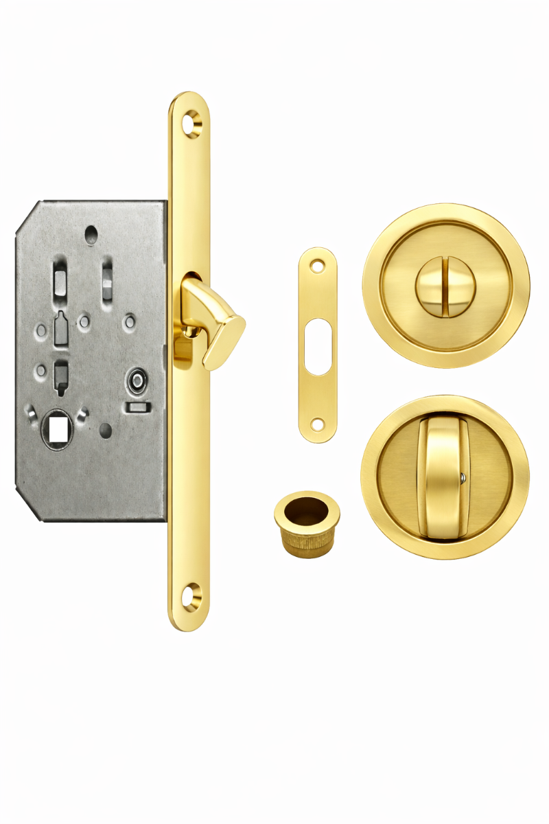 Acre & Clutton Sliding & Pocket Door Flush Pull Handle Lock Set w/WC Turn 57mm Polished Brass