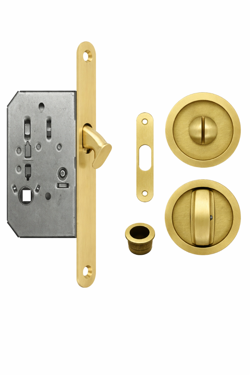 Acre & Clutton Sliding & Pocket Door Flush Pull Handle Lock Set w/ WC Turn 57mm Satin Brass
