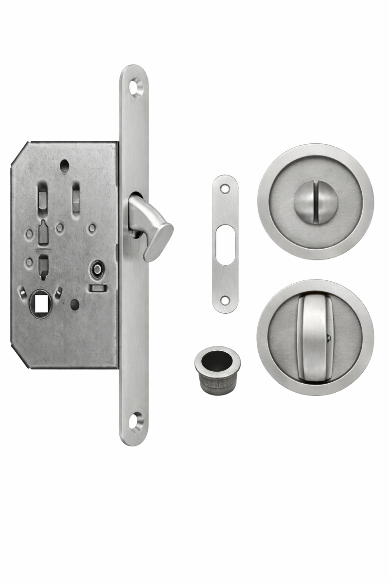 Acre & Clutton Sliding & Pocket Door Flush Pull Handle Lock Set w/WC Turn 57mm Satin Chrome