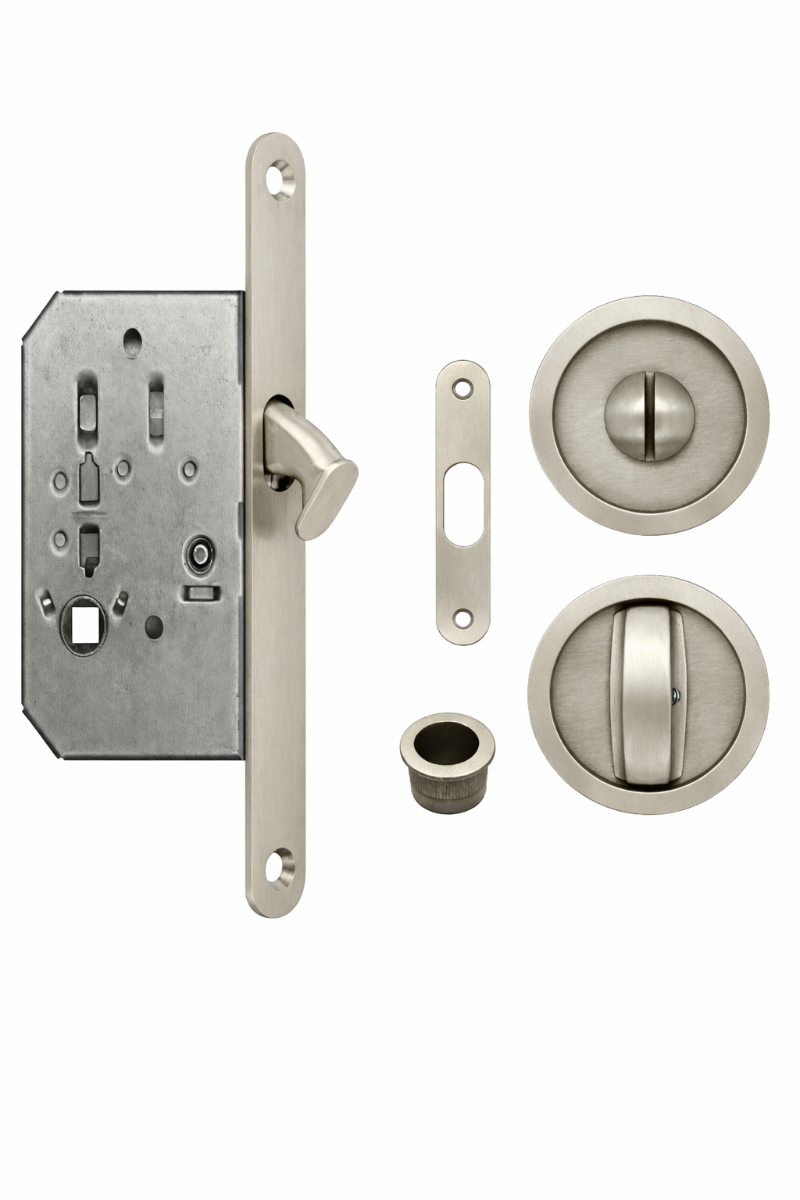 Acre & Clutton Sliding & Pocket Door Flush Pull Handle Lock Set w/WC Turn 57mm Satin Nickel