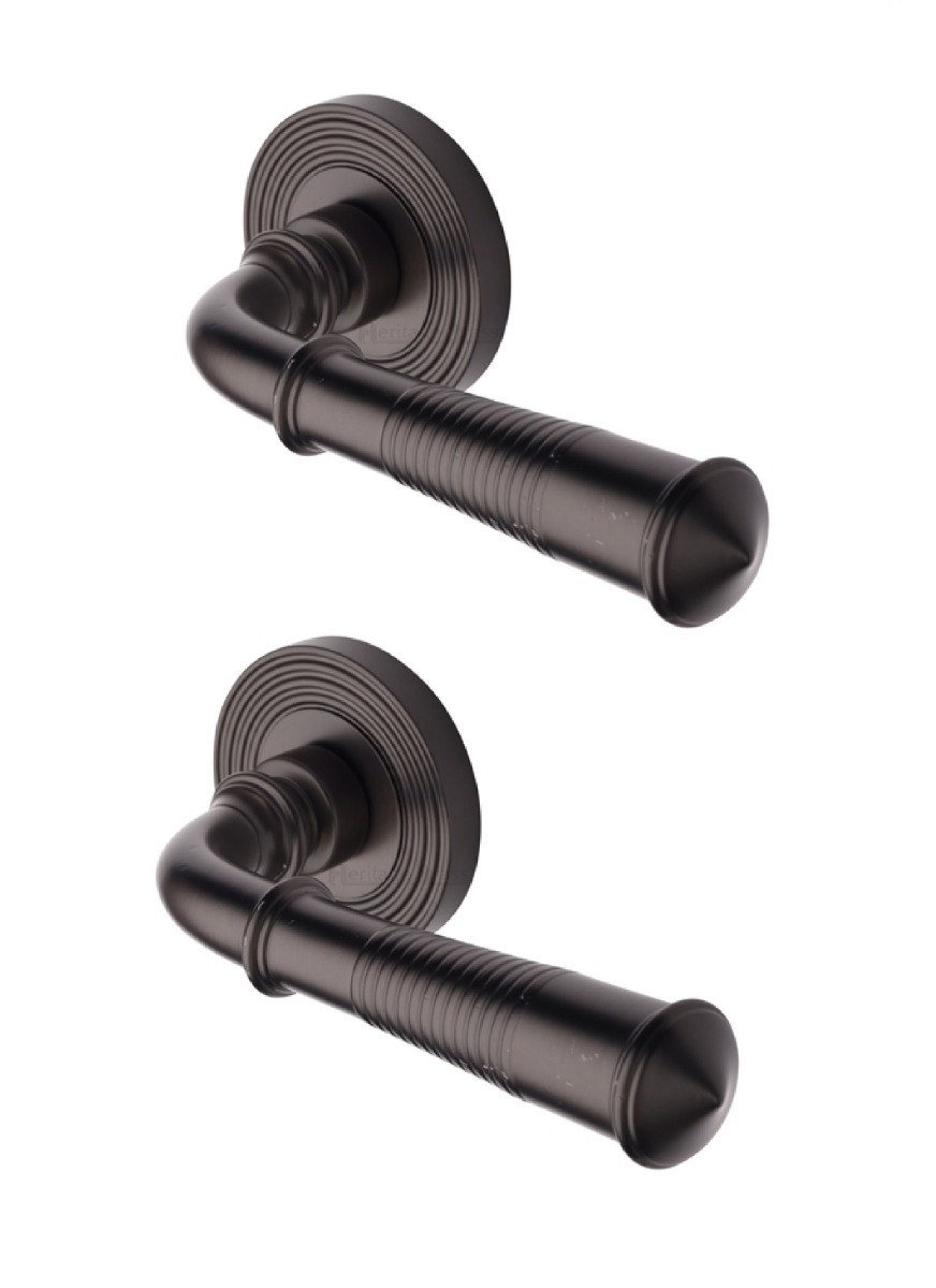 Heritage Brass Door Handle Lever Latch on Round Rose Bridgetown Reeded Design Matt Bronze _x000D_
  RR1935-MB