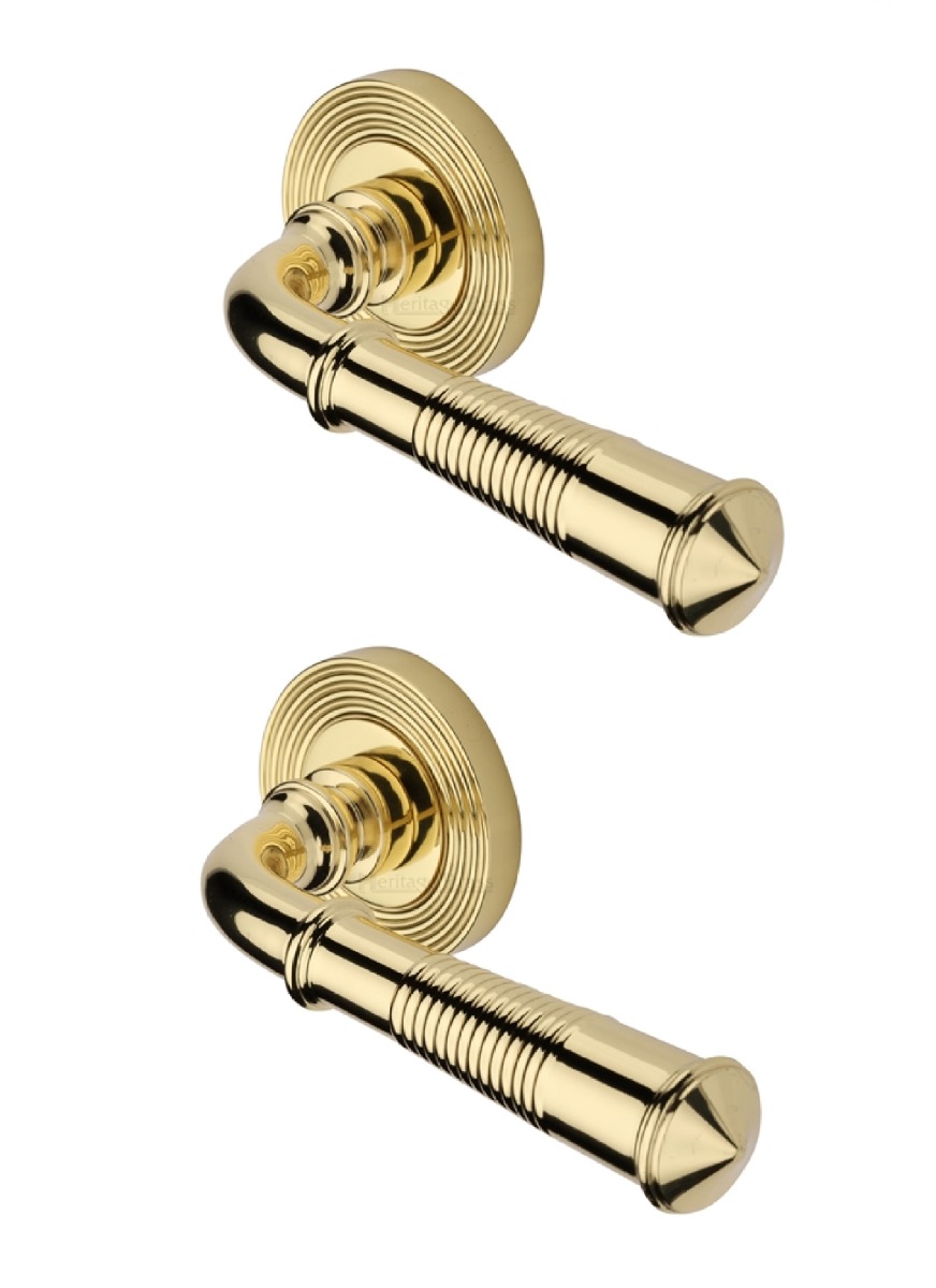 Heritage Brass Door Handle Lever Latch on Round Rose Bridgetown Reeded Design Polished Brass _x000D_
  RR1935-PB