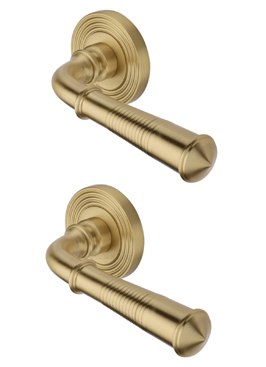 Heritage Brass Door Handle Lever Latch on Round Rose Bridgetown Reeded Design Satin Brass _x000D_
  RR1935-SB