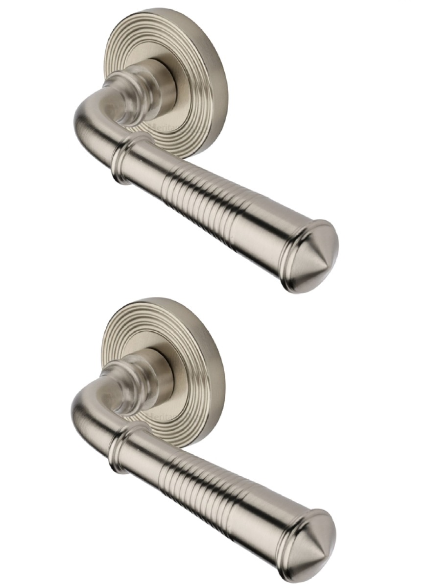 Heritage Brass Door Handle Lever Latch on Round Rose Bridgetown Reeded Design Satin Nickel _x000D_
  RR1935-SN