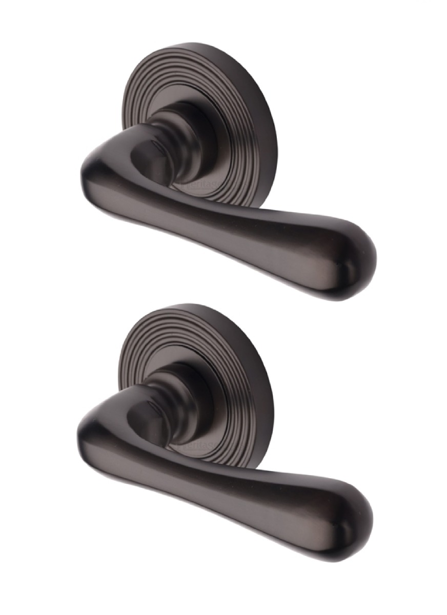 Heritage Brass Door Handle Lever Latch on Round Rose Charlbury Reeded Design Matt Bronze _x000D_
  RR3022-MB