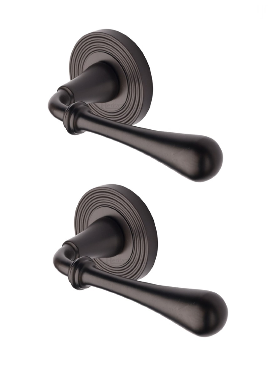 Heritage Brass Door Handle Lever Latch on Round Rose Roma Reeded Design Matt Bronze _x000D_
  RR7156-MB