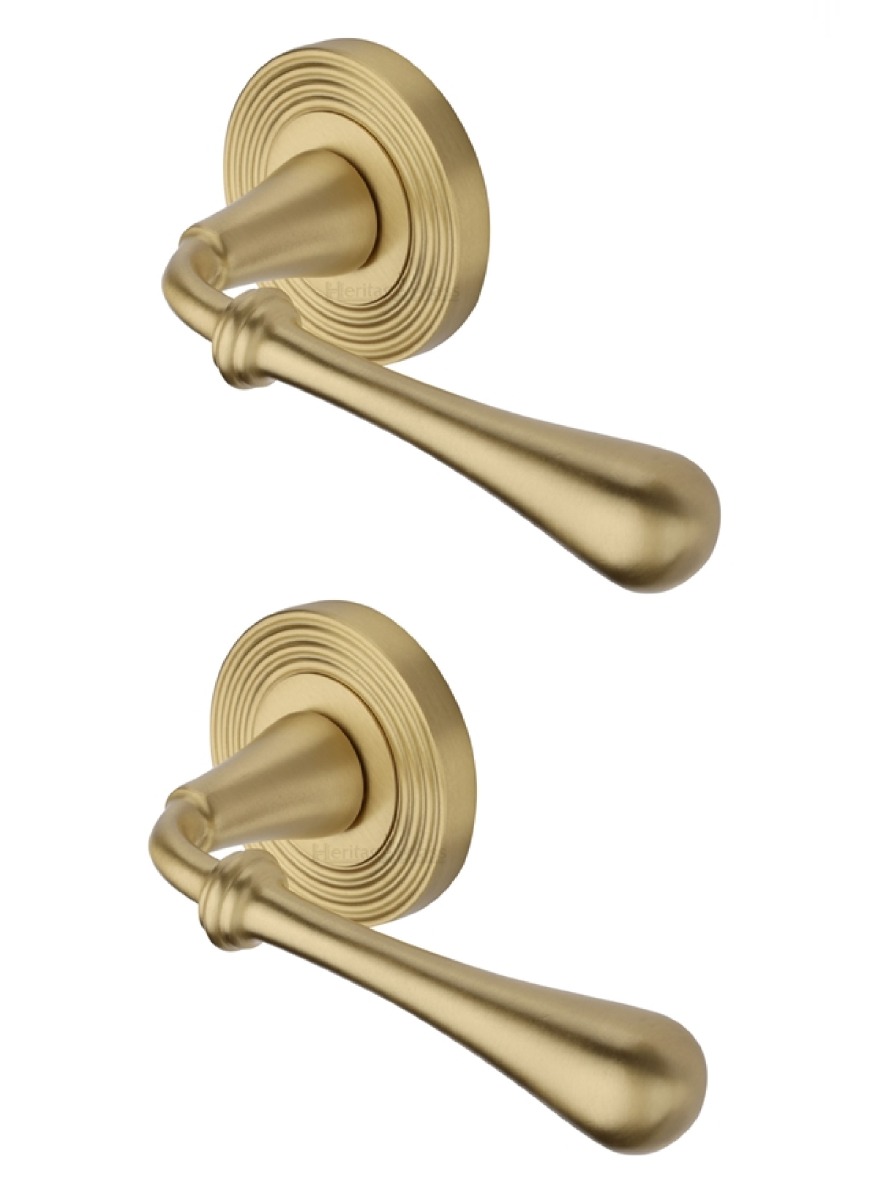 Heritage Brass Door Handle Lever Latch on Round Rose Roma Reeded Design Satin Brass _x000D_  RR7156-SB
