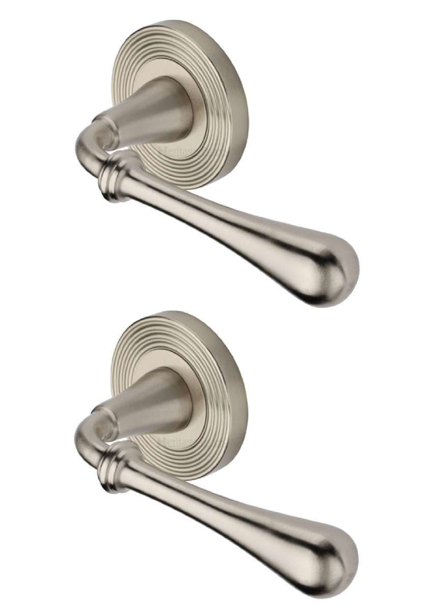 Heritage Brass Door Handle Lever Latch on Round Rose Roma Reeded Design Satin Nickel _x000D_
  RR7156-SN