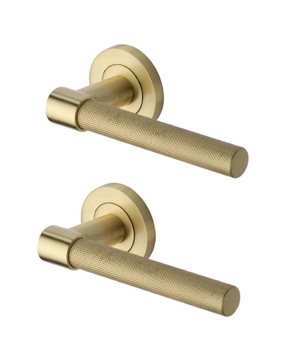 Heritage Brass RS2018-SB Door Handle Lever on Rose Phoenix Knurled Design Satin Brass Finish