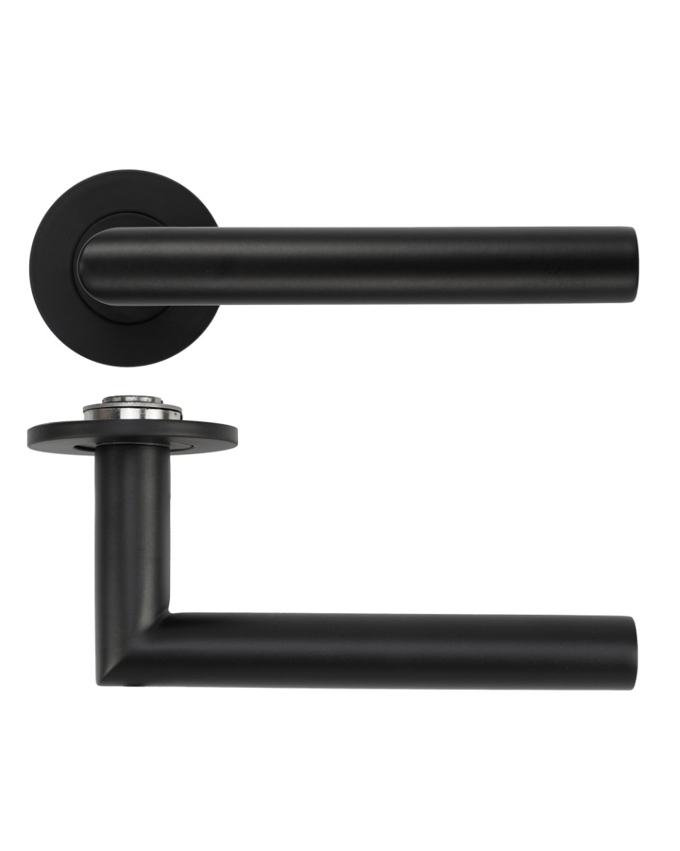 Lugano Lever Door Handle on 4mm Round Slim Sprung Rose-Powder Coat Black Rosso Technica-RT010-SLIM-PCB