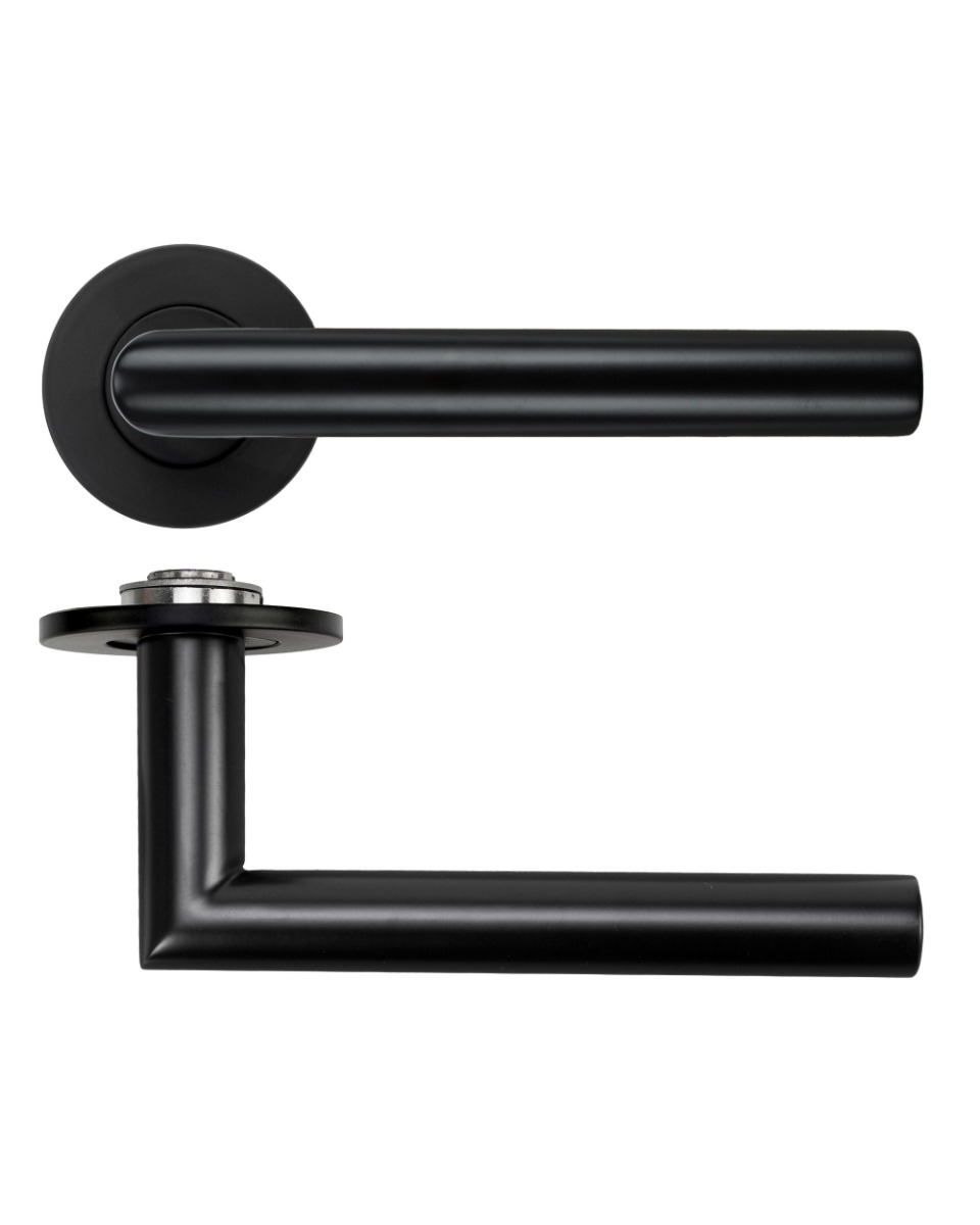 Lugano Lever Door Handle on 4mm Round Slim Sprung Rose-PVD Black Rosso Technica-RT010-SLIM-PVDBLK