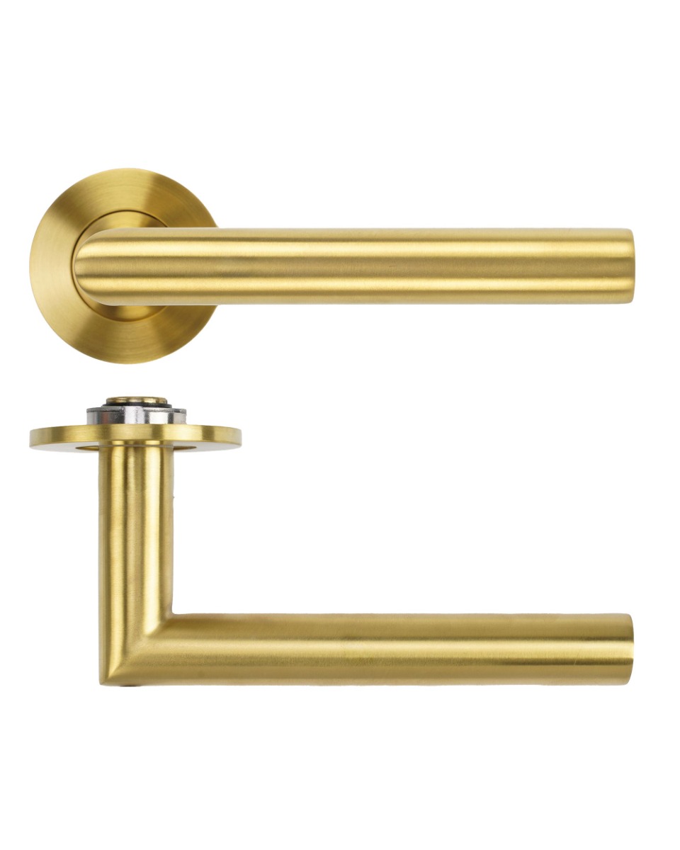 Lugano Lever Door Handle on 4mm Round Slim Sprung Rose-PVD Satin Brass-PVDSB Rosso Technica-RT010-SLIM-PVDSB