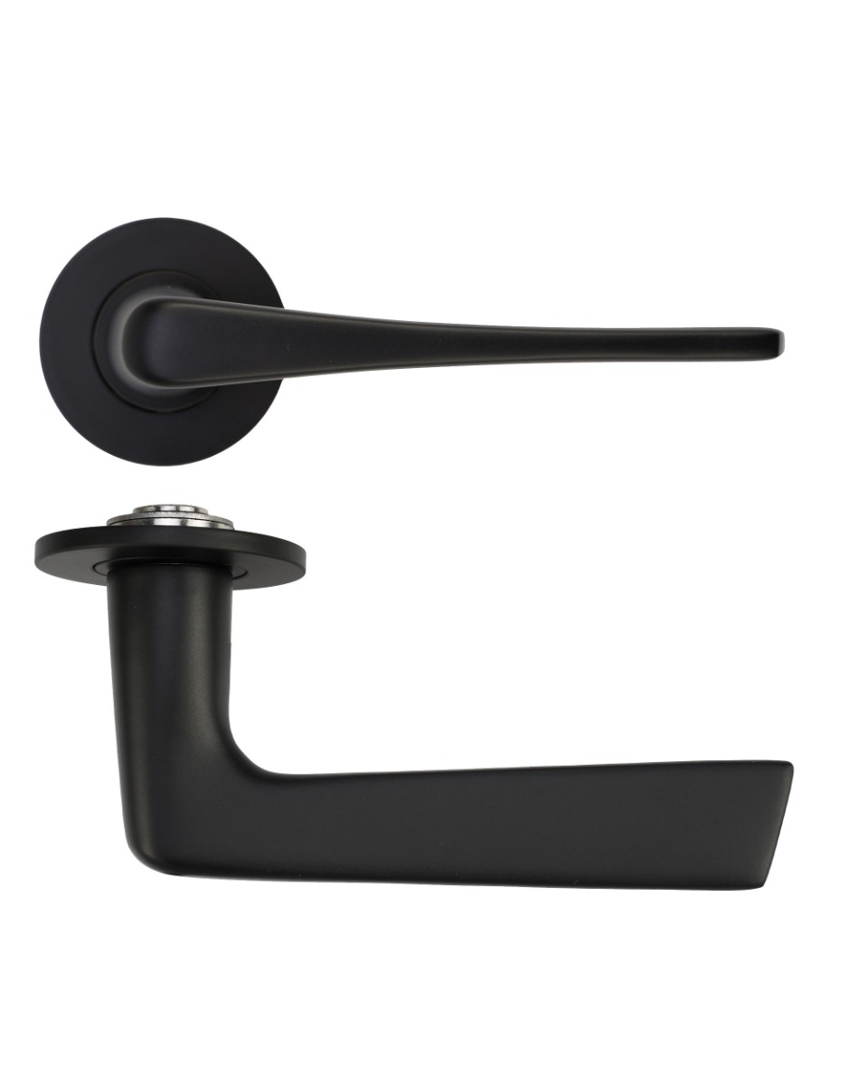 Como Lever Door Handle on 4mm Round Slim Sprung Rose-Powder Coat Black Rosso Technica-RT020-SLIM-PCB