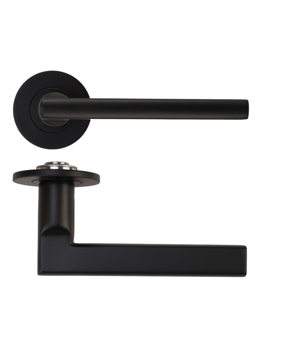 Varese Lever Door Handle on 4mm Round Slim Sprung Rose-Powder Coat Black Rosso Technica-RT040-SLIM-PCB