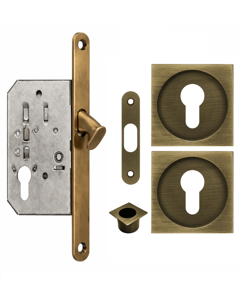 Acre & Clutton Sliding Door Flush Pull Handle Set Euro Lock Profile 53mm Antique Brass