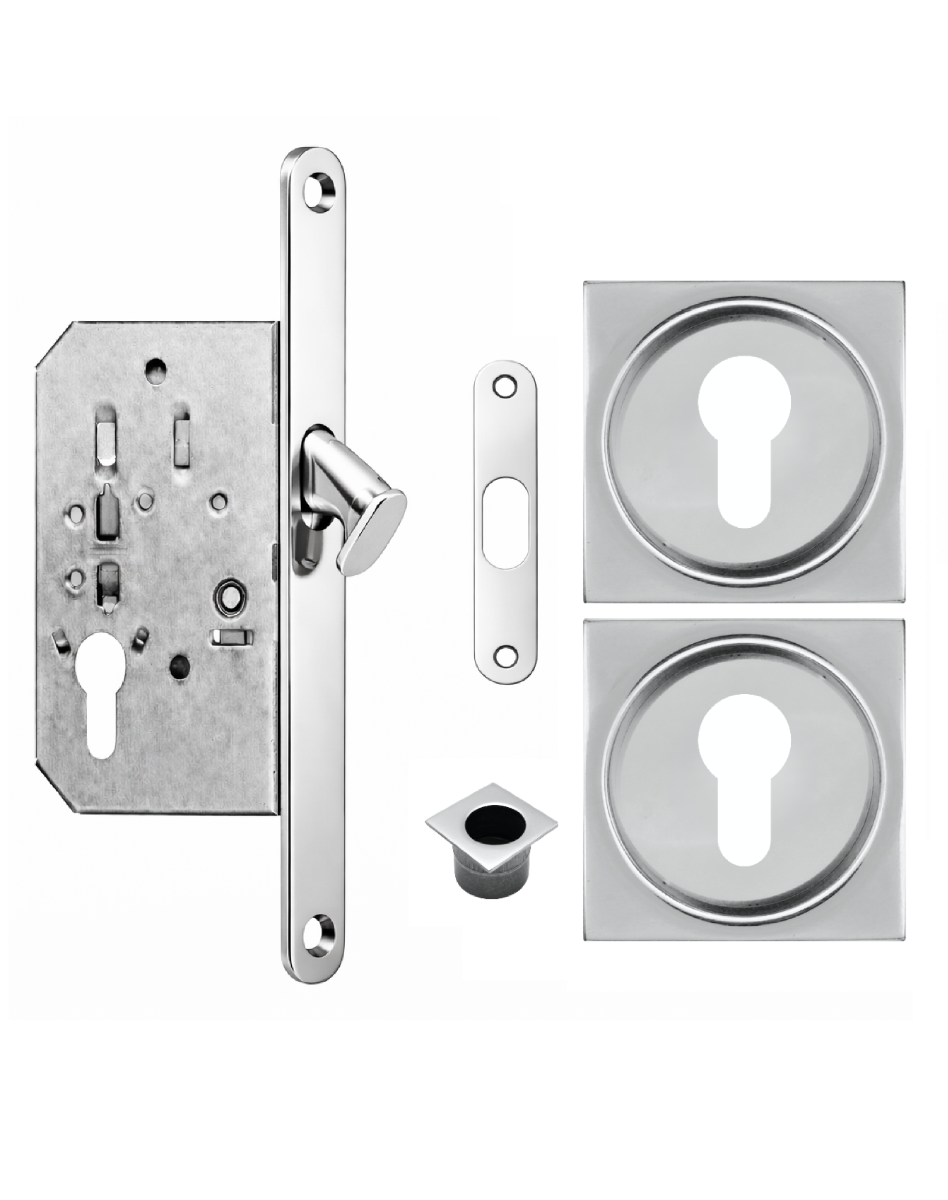 Acre & Clutton Sliding Door Flush Pull Handle Set Euro Lock Profile 53mm Polished Chrome