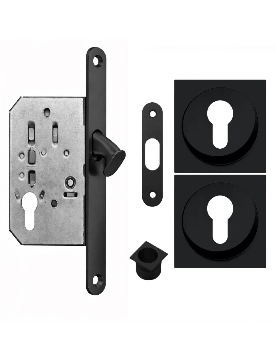 Acre & Clutton Sliding Door Flush Pull Handle Set Euro Lock Profile 53mm Matte Black