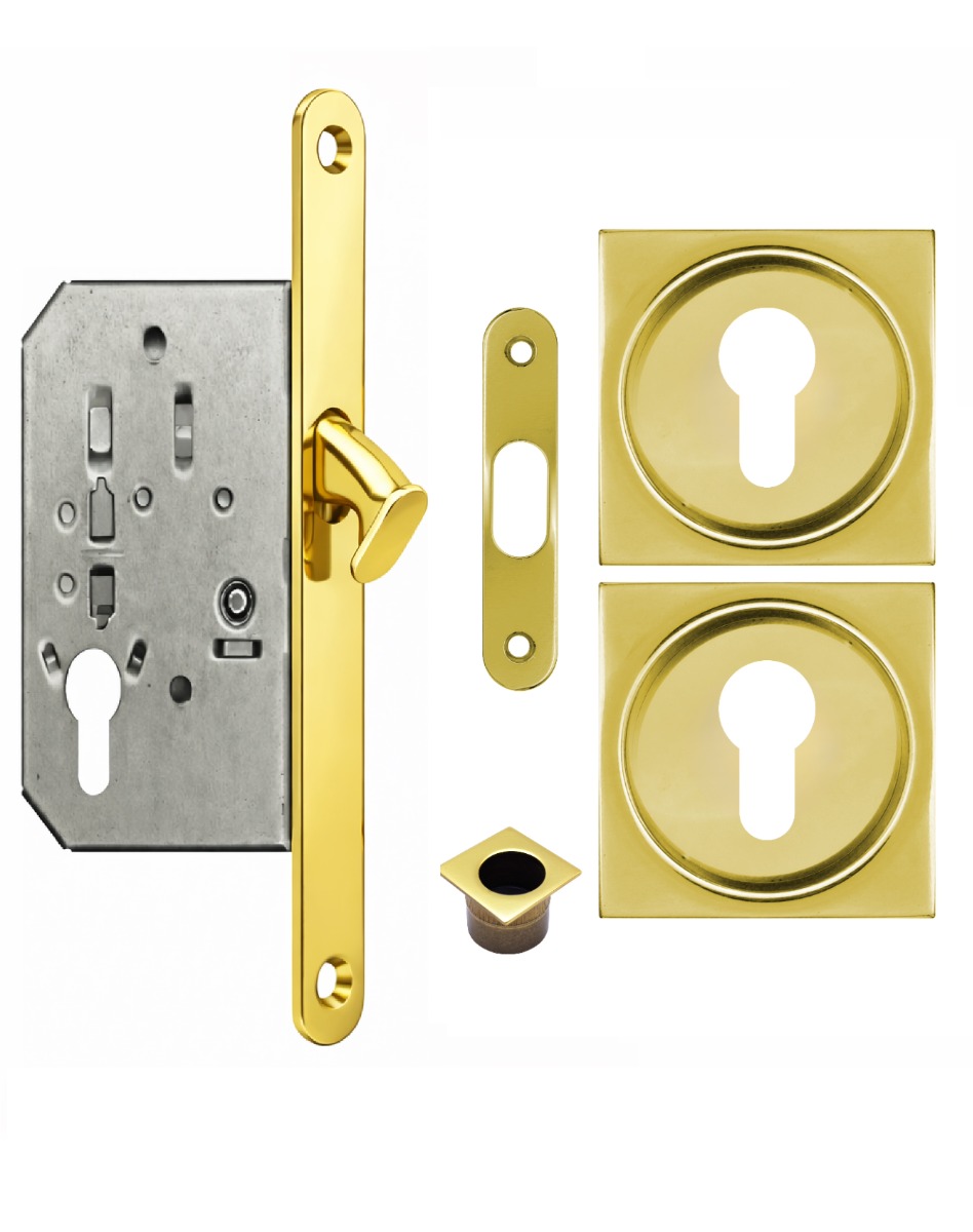 Acre & Clutton Sliding Door Flush Pull Handle Set Euro Lock Profile 53mm Polished Brass